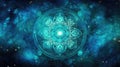 Cosmic kaleidoscope background. Abstract sci-fi mandala fractal luminous neon glowing colorful lights wallpaper