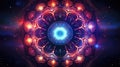 Cosmic kaleidoscope background. Abstract sci-fi mandala fractal luminous neon glowing colorful lights wallpaper