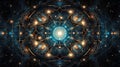 Cosmic kaleidoscope background. Abstract sci-fi mandala fractal luminous neon glowing colorful lights wallpaper