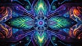 Cosmic kaleidoscope background. Abstract sci-fi mandala fractal luminous neon glowing colorful lights wallpaper