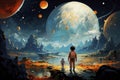 In this cosmic masterpiece, a young astronaut child discovers wonders of space