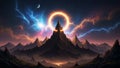 Cosmic mountain peak illuminated by a fiery solar eclipse and electric storms Royalty Free Stock Photo