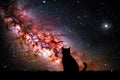 cosmic nebula with silhouette of feline and canine astronaut in space