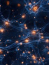 Cosmic Network of Glowing Blue and Orange Neural Connections on Black Background Royalty Free Stock Photo