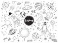 Cosmic objects set. Hand drawn vector doodles. Rockets, planets, constellations, ufo, stars, etc. Space theme. Royalty Free Stock Photo