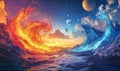 Cosmic ocean waves of fire and water with planets in vibrant sunset sky Royalty Free Stock Photo