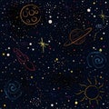 Cosmic Pattern with stars, planets, Moon, rocket, spiral galaxies and constellations