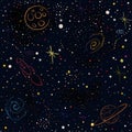 Cosmic Pattern with stars, planets, Moon, rocket, spiral galaxies and constellations in color