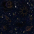 Cosmic Pattern with stars, planets, Moon, rocket, spiral galaxies and constellations in color