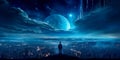 A cosmic perspective that highlights the Earth& x27;s luminous urban areas against the backdrop of the dark cosmos, with