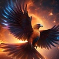 A cosmic phoenix with wings that trail comet tails, reborn from the fiery heart of a supernova5