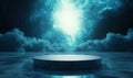 Cosmic platform in ethereal space, glowing light, dark clouds, reflective surface, surreal atmosphere Royalty Free Stock Photo