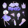 Cosmic princess - cute cartoon princess illustration set. Space and magic elements - tiara, star, crown, magical mirror