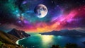 Cosmic Rhapsody Earth Seascape Dances Under the Radiance of the Large Moon Royalty Free Stock Photo