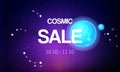 Cosmic sale banner vector illustration. Spaceship travel to new planets and galaxies. Space trip future technology. Open