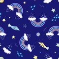 Cosmic seamless pattern with rainbows and stars, planets, comets on the blue background. Vector endless texture Royalty Free Stock Photo