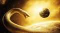 Cosmic Serpent Coiling Near Planet, Golden Nebula Royalty Free Stock Photo