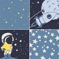 Cosmic set: astronaut, rocket and starry seamless backgrounds