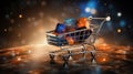 Shopping cart filled with cubes displaying galaxies, stars, and nebulae against a celestial backdrop.