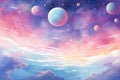 Cosmic space background with planets, stars and nebula. Vector illustration, A soft pastel galaxy with planets and shooting stars Royalty Free Stock Photo