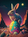 Cosmic space easter bunny and easter eggs in neon light on another planet, happy easter concept, Happy Easter greeting