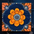 Cosmic Symbolism in Orange Flower and Square on Blue Canvas (AI Generated) Royalty Free Stock Photo