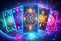Cosmic tarot cards, glowing, space background. Possible use spiritual, divination Royalty Free Stock Photo