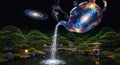 A cosmic teapot pours water into a pond surrounded by trees at night. Royalty Free Stock Photo