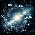 A cosmic theme with molecular and chemical formulas, including CO2, Royalty Free Stock Photo