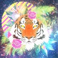 Cosmic tiger with tropic leaves retro