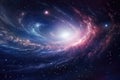 Cosmic Voyage Scene With Swirling Galaxy And Distant Planet