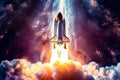 Cosmic voyage, Space shuttle rockets through stars in the galaxy Royalty Free Stock Photo