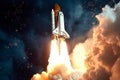 Cosmic voyage, Space shuttle rockets through stars in the galaxy Royalty Free Stock Photo
