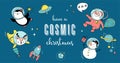 Cosmic Xmas illustrations, with Santa, Penguin, Deer, Fox and a space ship