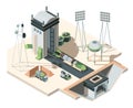 Cosmodrome isometric illustration. Cargo rocket on platform exploratory space flight complete system of radar towers and
