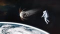 Cosmonaut with asteroid in low-Earth orbit. Elements of this image furnished by NASA Royalty Free Stock Photo