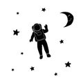 Cosmonaut astronaut, moon and stars. Black outline on white background. Vector illustration