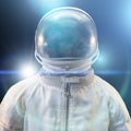 Cosmonaut or astronaut or spaceman suit and helmet with futuristic abstract blue lights on black background, close up