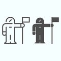Cosmonaut colonization line and solid icon. Astronaut in suit with flag. Space exploration design concept, outline style