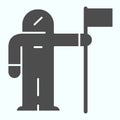 Cosmonaut colonization solid icon. Astronaut in suit with flag. Space exploration design concept, glyph style pictogram