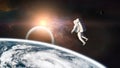 Cosmonaut floating close to Earth planet in outer space with alien planets. Elements of this image furnished by NASA Royalty Free Stock Photo