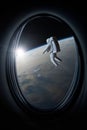 Cosmonaut floating close to Earth planet in spaceship porthole in outer space. Elements of this image furnished by NASA Royalty Free Stock Photo