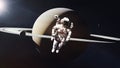 Cosmonaut is flying in deep space on Saturn planet background. Elements of this image furnished by NASA Royalty Free Stock Photo