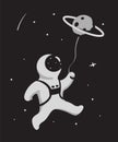 Cosmonaut holds the moon by a thread. Astronaut explores outer space.