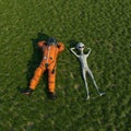 Cosmonaut laying on grass with an alien