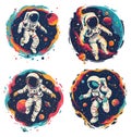 Cosmonaut in open space, trendy stylish art. Design of astronaut in outer cosmos with elements of planets, stars