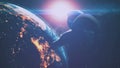 Cosmonaut over illuminated planet Earth and bright sunlight