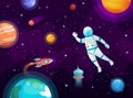 Cosmonaut in space. Astronaut spacecraft rocket in open space, universe planets and planetary cartoon vector background Royalty Free Stock Photo