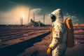cosmonaut in a spacesuit on the background of a destroyed spaceport Royalty Free Stock Photo