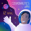 Cosmonautics Day. 12 april. International Day of Human Space Flight. Cosmonaut in space suits in spacewalk on dark background near